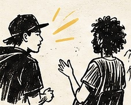 Deux jeunes face à face lors d’un atelier battle de compliments, l’un applaudissant l’autre