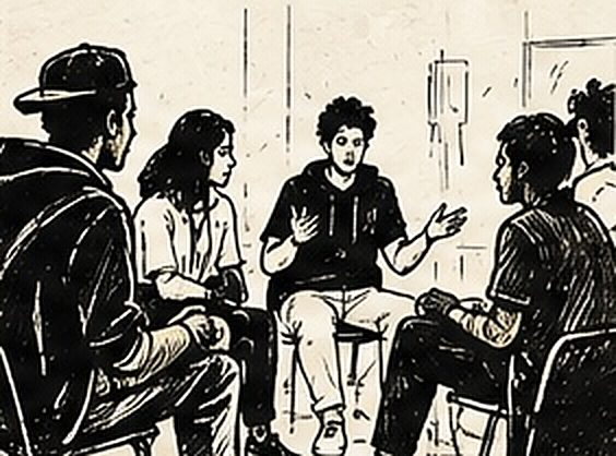 Un groupe de jeunes assis en cercle autour d’un intervenant en atelier d’écriture