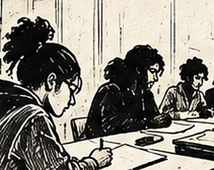 Des jeunes adultes écrivent autour d’une table pendant un atelier d’écriture