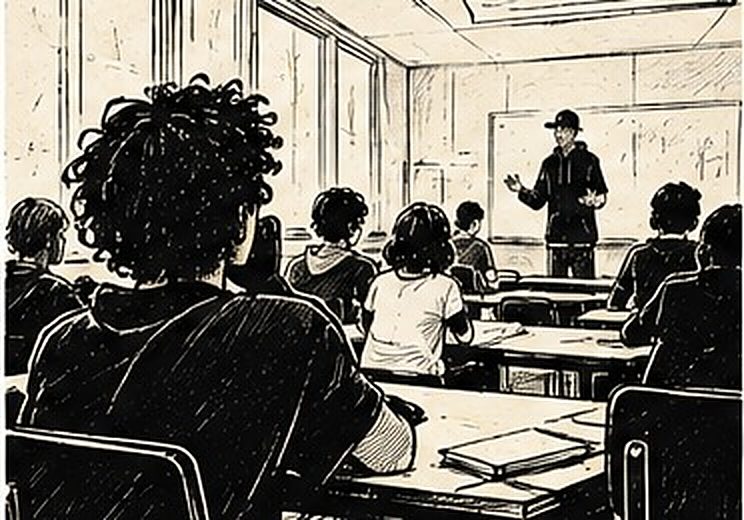Illustration au trait d’un intervenant devant une classe de lycée, rangées de tables face à lui