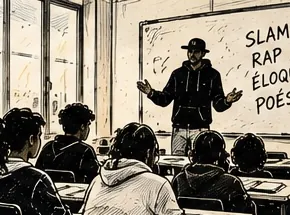 Illustration au trait d’un intervenant devant une classe, face à un tableau où sont écrits les mots slam, rap, éloquence et poésie