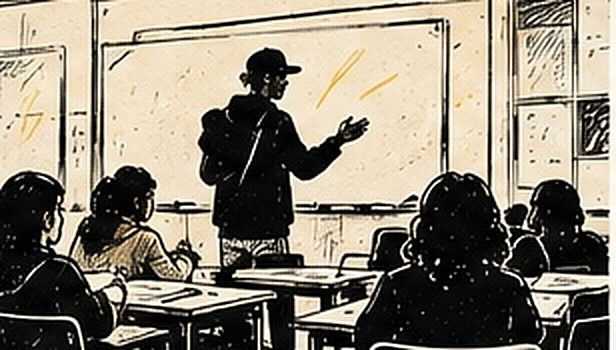 Illustration au trait d’un intervenant devant une classe de collège