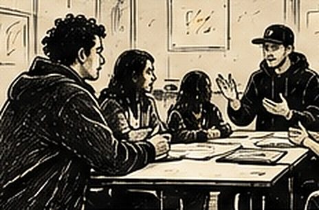 Illustration au trait d’un petit groupe réuni autour d’une table
