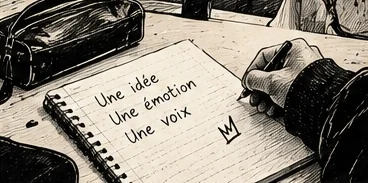 Illustration au trait d’un carnet ouvert sur une table, où sont écrits les mots « Une idée, une émotion, une voix », et d’une main qui tient un stylo