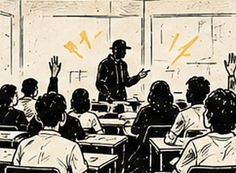 Illustration au trait d’une classe qui lève la main, intervenant debout devant le tableau