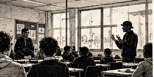 Illustration au trait d’une salle de classe où deux adultes font face à des élèves assis à leurs tables