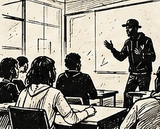 Un intervenant en casquette anime un atelier slam devant une classe de collège