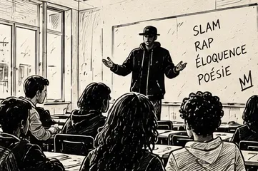 Illustration au trait d’un intervenant coiffé d’une casquette devant une classe, face à un tableau où sont écrits les mots slam, rap, éloquence et poésie