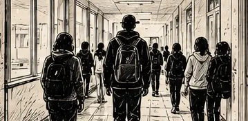 Illustration au trait d’élèves de dos, sac au dos, marchant dans le couloir vitré d’un collège