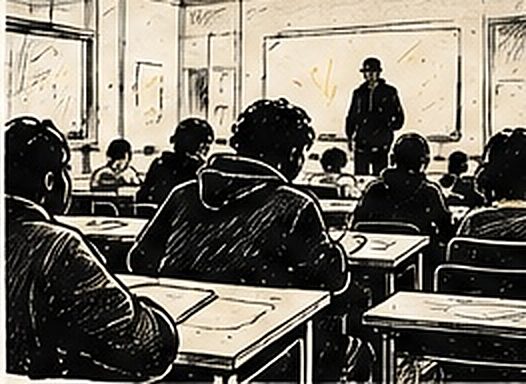 Illustration au trait d’une classe de collège attentive pendant un atelier
