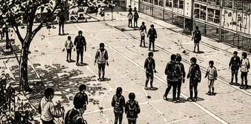 Illustration au trait d’une cour de collège vue d’en haut, des élèves dispersés sur le terrain
