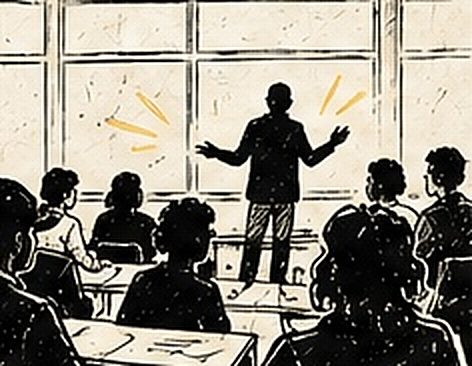 Un intervenant slam bras ouverts devant une classe, en pleine explication