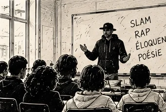 Illustration au trait d’un intervenant devant un tableau où sont écrits les mots slam, rap, éloquence et poésie, face à un groupe assis