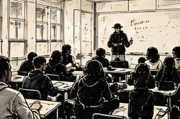 Illustration au trait d’une classe de lycée pendant un atelier d’écriture, l’intervenant devant le tableau