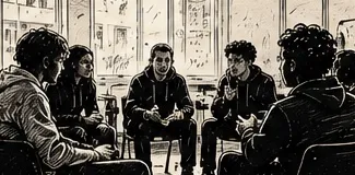 Illustration au trait d’un petit groupe de jeunes assis en cercle, en train d’échanger devant de grandes fenêtres