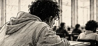 Illustration au trait d’un adolescent en sweat à capuche, vu de dos, assis dans une salle avec d’autres participants