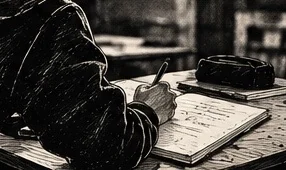 Illustration au trait d’une main qui écrit dans un cahier posé sur une table, une trousse à côté