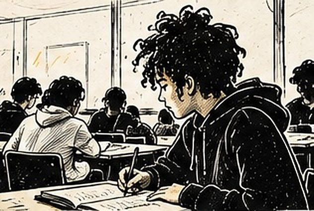 Illustration au trait d’un élève concentré en train d’écrire à sa table