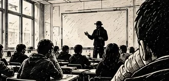Illustration au trait d’un intervenant devant un tableau, face à un groupe de jeunes assis à des tables