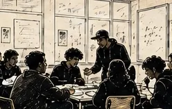Illustration au trait d’un petit groupe d’enfants réuni autour d’une table avec l’intervenant