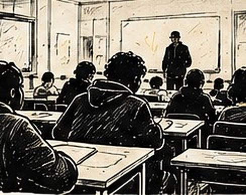 Illustration au trait d’un groupe assis en atelier d’écriture