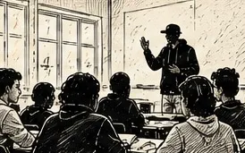 Illustration au trait d’un intervenant coiffé d’une casquette, debout face à une classe assise, la main levée en train de parler