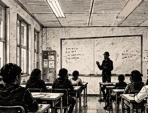 Illustration au trait d’un intervenant devant un tableau blanc, face à une classe assise