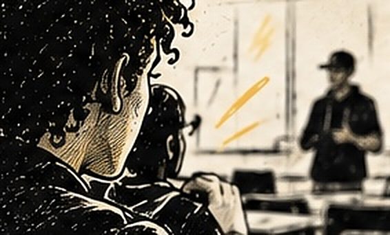 Illustration au trait d’un intervenant face à un petit groupe de lycéens