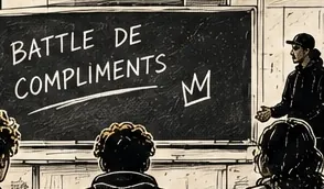 Illustration au trait d’un tableau noir où est écrit « battle de compliments », l’intervenant à côté et des élèves de dos