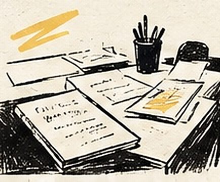Un bureau couvert de carnets et de stylos, prêt pour une séance d’écriture