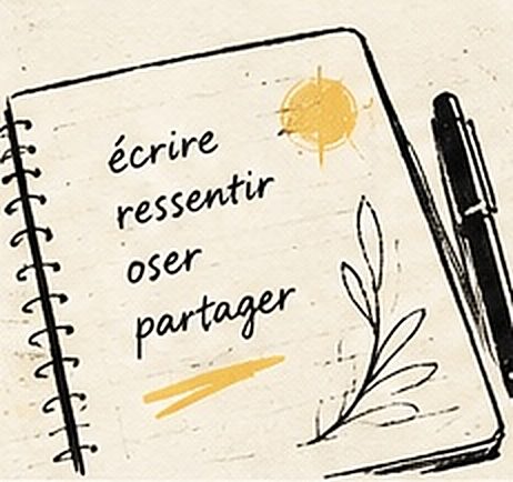Un carnet d’atelier slam ouvert, portant les mots écrire, ressentir, oser, partager