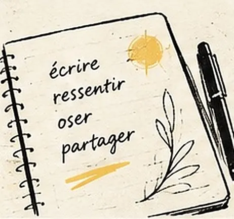 Un carnet d’atelier slam ouvert, portant les mots écrire, ressentir, oser, partager