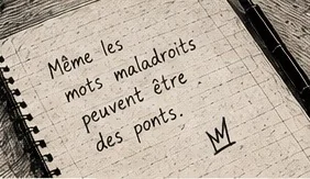 Illustration au trait d’un carnet ouvert où est écrit « Même les mots maladroits peuvent être des ponts »