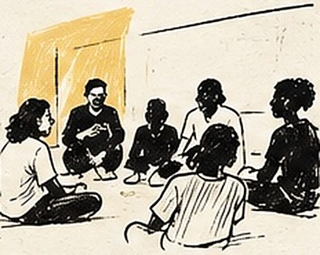 Un groupe d’élèves assis en cercle avec leur intervenant pendant un atelier d’écriture