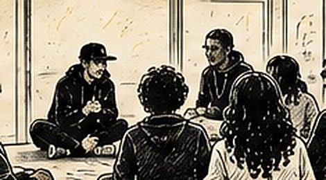 Illustration au trait d’un groupe assis en cercle pendant un jeu oral