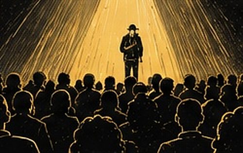 Illustration au trait d’un orateur face à un public nombreux