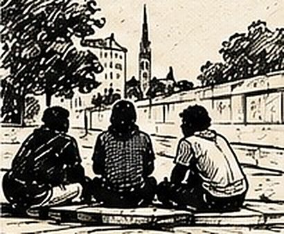 Illustration au trait de trois personnes assises au bord de l’eau, face à un clocher au loin