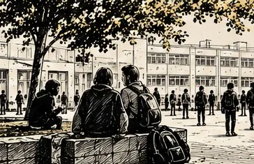Illustration au trait de trois jeunes assis sur un muret sous un arbre, dans la cour d’un établissement
