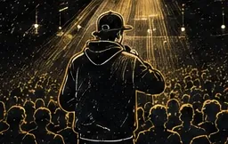 Illustration au trait d’une silhouette au micro, de dos, devant une salle pleine sous des faisceaux de lumière