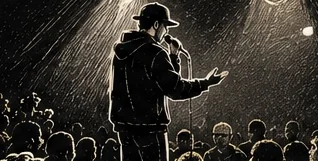 Illustration au trait d’un artiste au micro, casquette sur la tête, face à un public