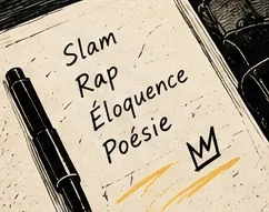 Illustration au trait d’un carnet ouvert où sont écrits les mots slam, rap, éloquence et poésie