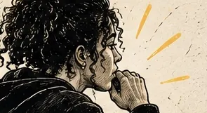 Illustration au trait d’un enfant de profil, la main devant la bouche, en train de chercher un mot