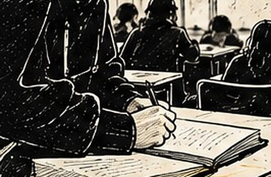 Illustration au trait d’une main qui écrit dans un cahier