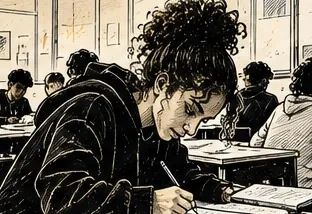 Illustration au trait d’une élève penchée sur sa table, en train d’écrire son texte