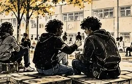 Illustration au trait de trois lycéens assis dehors dans la cour de leur établissement