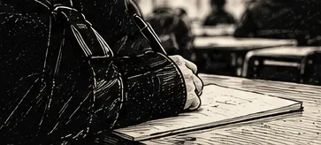 Illustration au trait en gros plan d’une main qui écrit sur un cahier ouvert, posé sur une table de classe