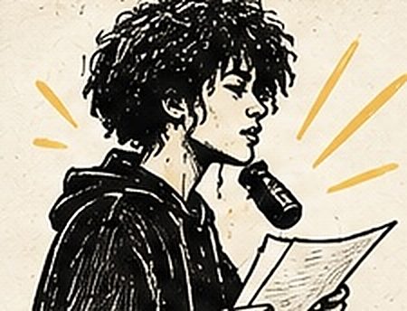 Illustration au trait d’un jeune de profil, une feuille et un micro à la main