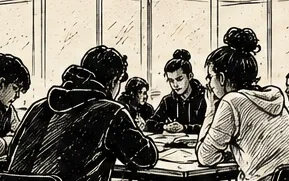 Illustration au trait d’un groupe d’élèves assis autour d’une même table, penchés sur leurs feuilles