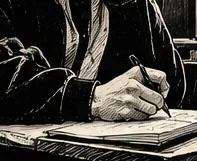 Illustration au trait de deux mains écrivant au stylo dans un carnet posé sur une table