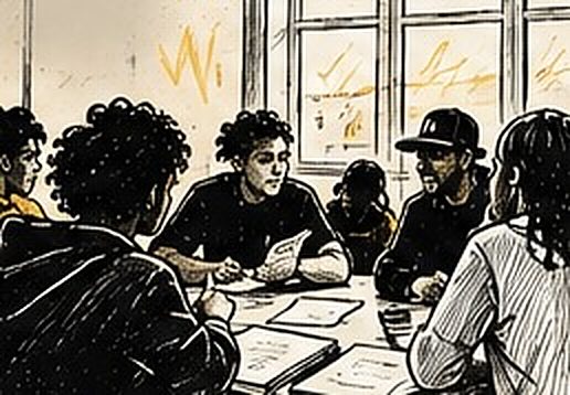 Illustration au trait d’un groupe réuni autour d’une table de travail